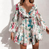 Long Sleeve V-neck Lantern Sleeves Printed Chiffon Dress