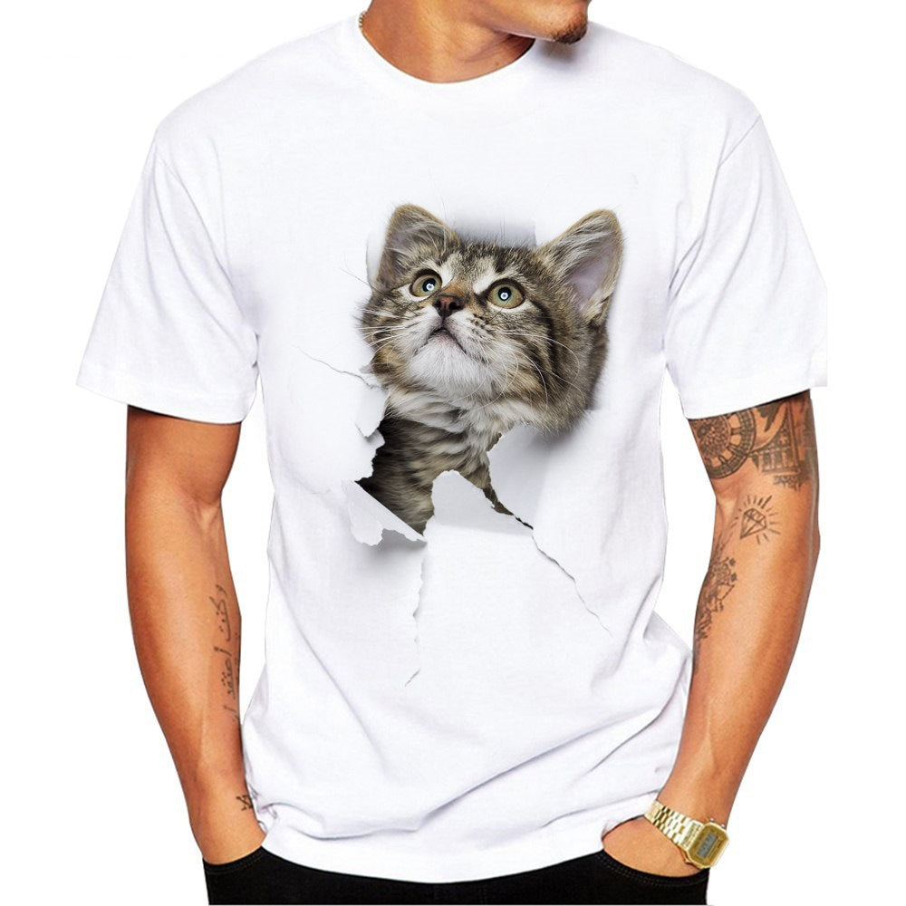 Men's T Shirt Short Sleeve 3D Cat T Shirt Male White Pullover