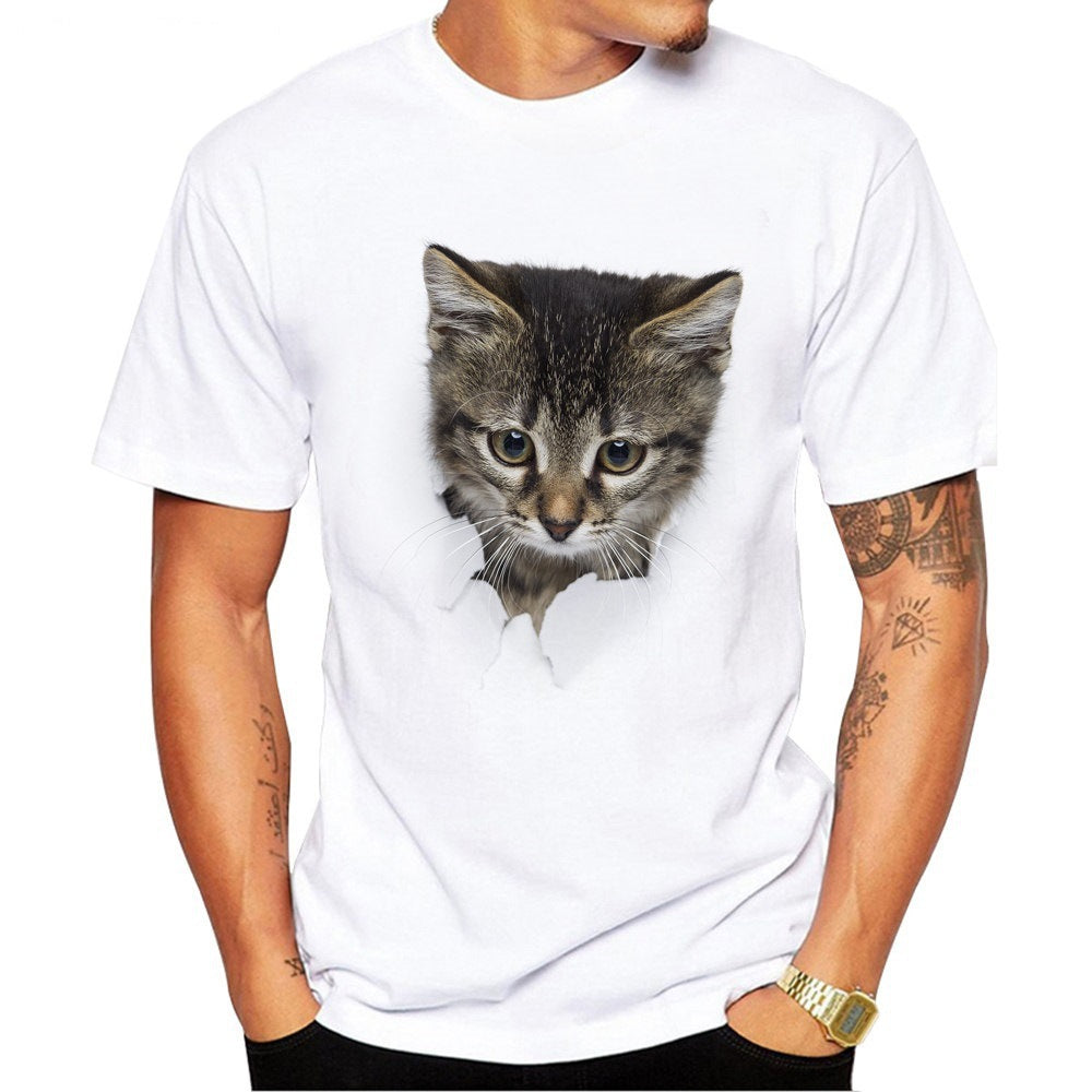 Men's T Shirt Short Sleeve 3D Cat T Shirt Male White Pullover