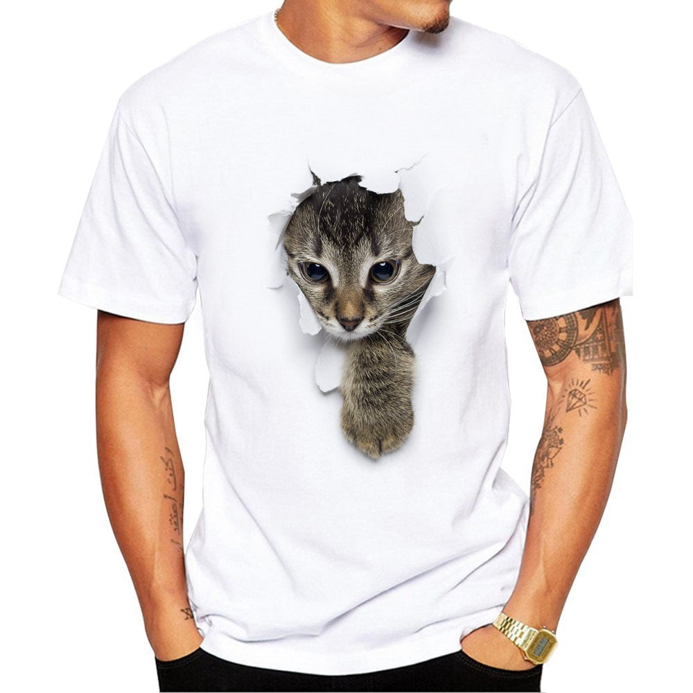 Men's T Shirt Short Sleeve 3D Cat T Shirt Male White Pullover