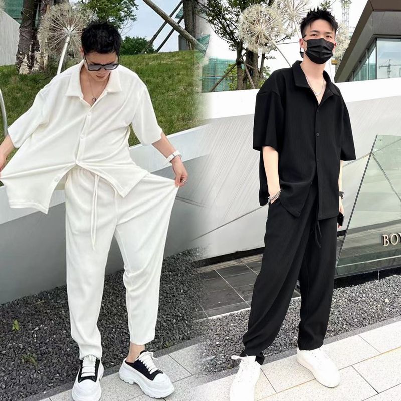 Men's Fashion Casual Loose Pleated Texture Shirt And Trousers Two-piece Set