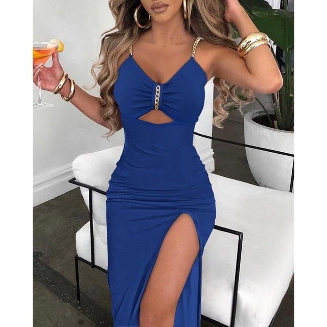 Royalty V-Neck Chain Décor Cutout High Slit Dress