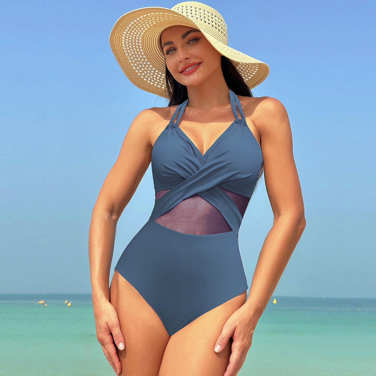 One-piece Swimsuit Summer Solid Color Cross-strap Design Mesh Bikini