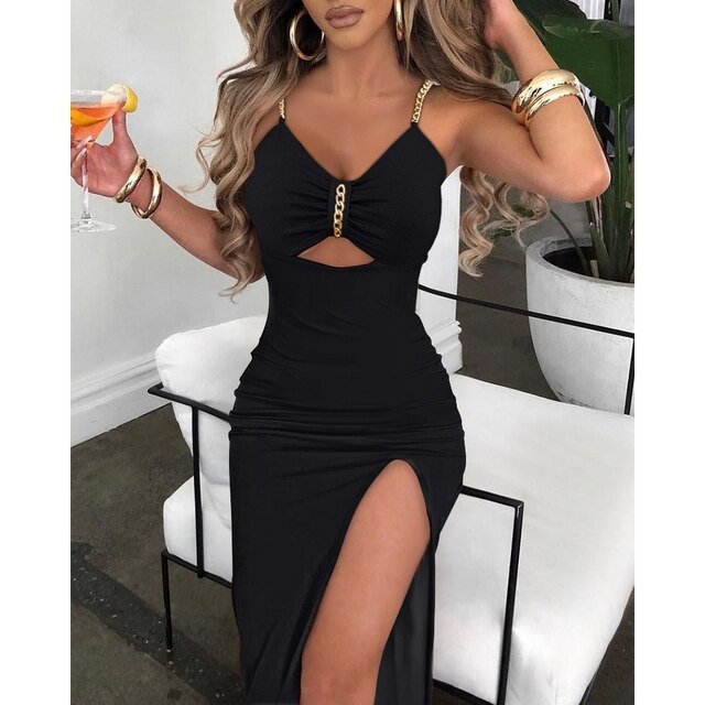 Royalty V-Neck Chain Décor Cutout High Slit Dress