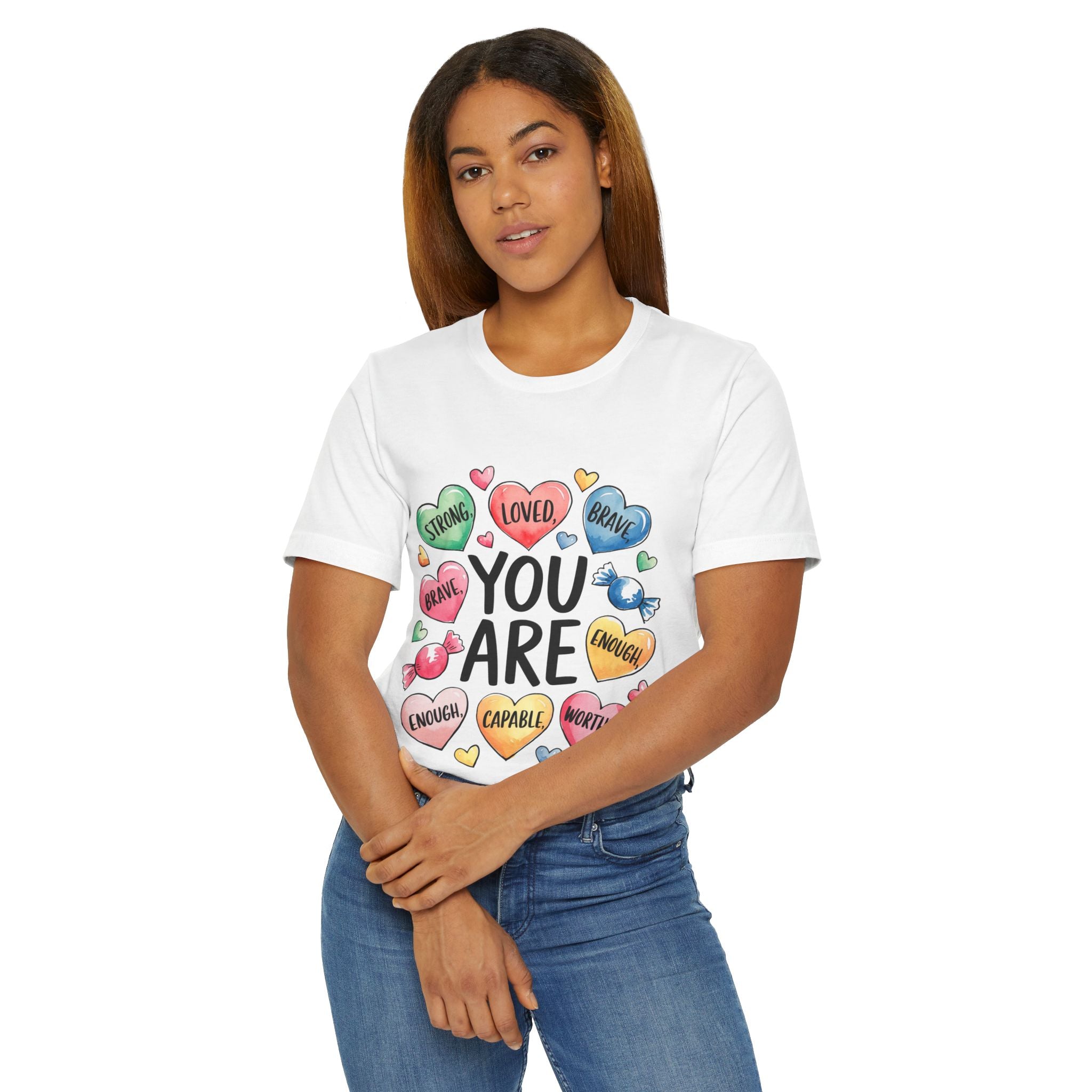 Empowering Unisex Jersey T-Shirt - "You Are Strong, Loved, Brave"