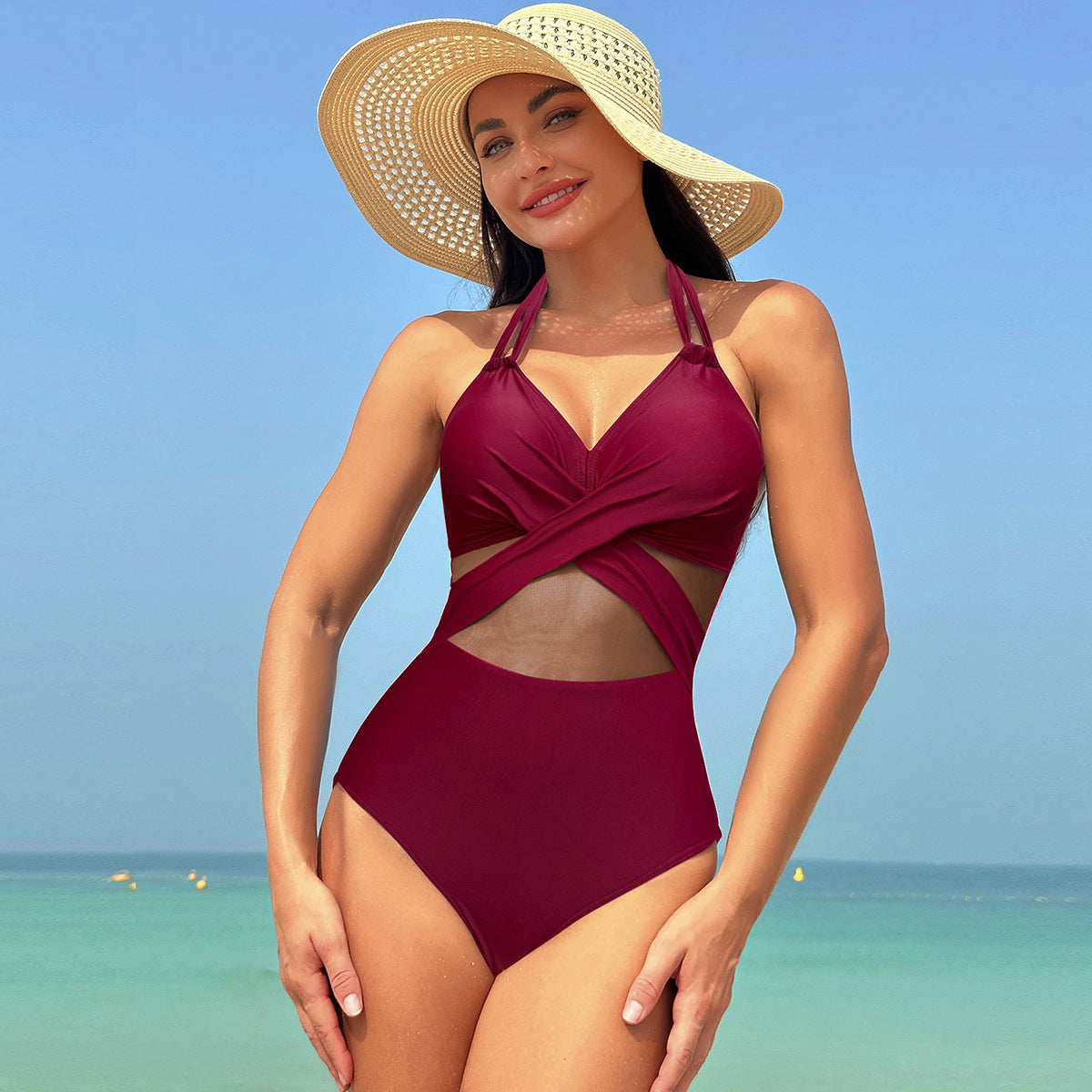 One-piece Swimsuit Summer Solid Color Cross-strap Design Mesh Bikini