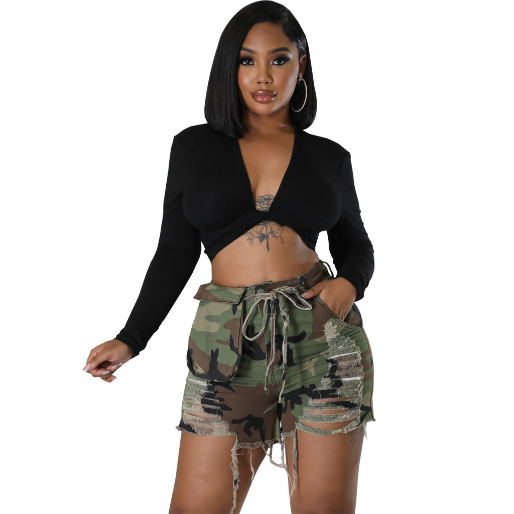 Fashion Stretch Camouflage Denim Shorts