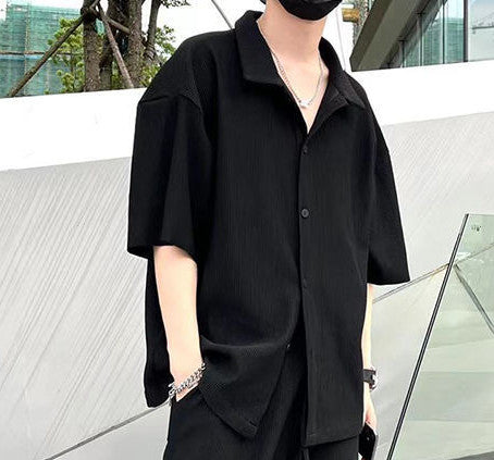 Men's Fashion Casual Loose Pleated Texture Shirt And Trousers Two-piece Set