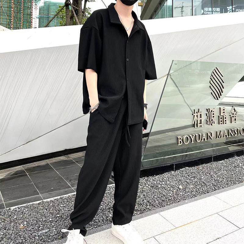 Men's Fashion Casual Loose Pleated Texture Shirt And Trousers Two-piece Set