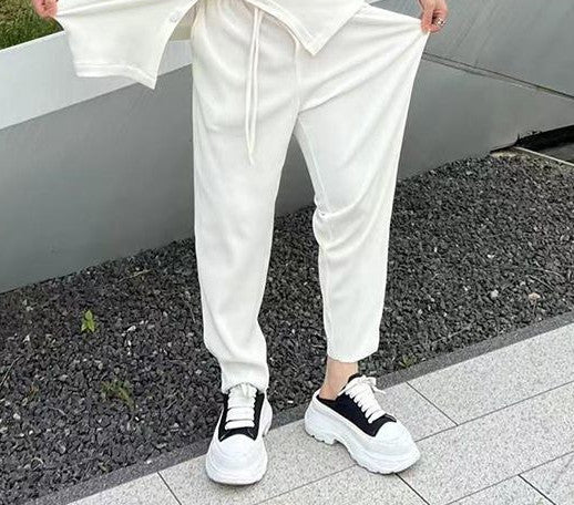 Men's Fashion Casual Loose Pleated Texture Shirt And Trousers Two-piece Set