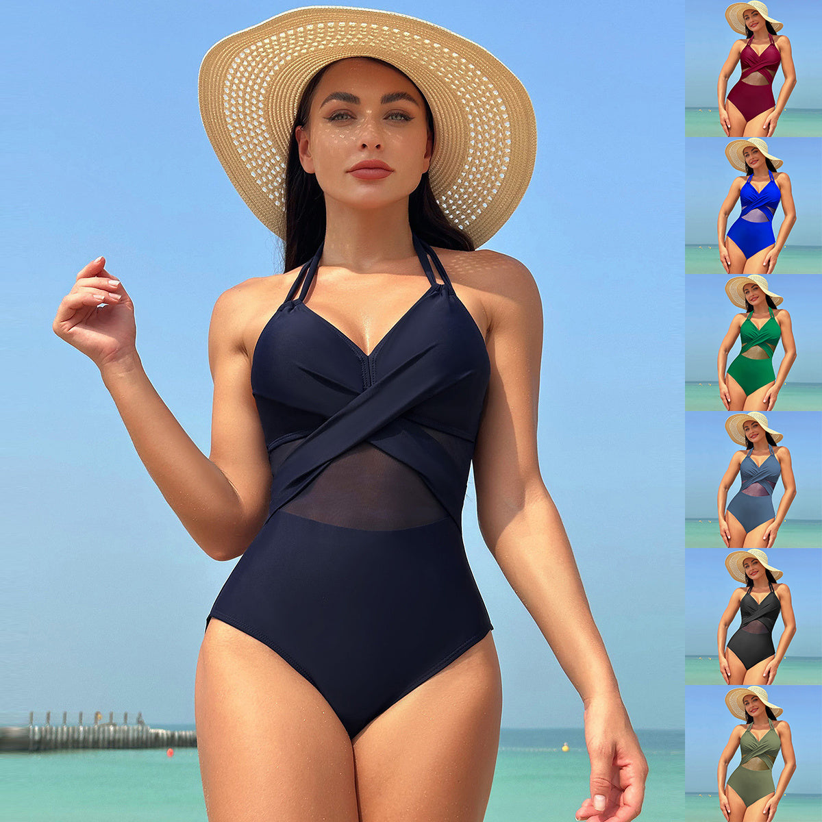 One-piece Swimsuit Summer Solid Color Cross-strap Design Mesh Bikini