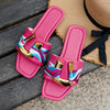 Square Toe Flat Sandals Metal Buckle Slippers Summer Beach Shoes Women