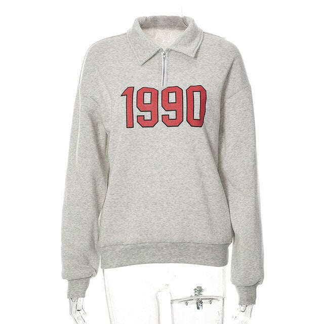 1990 Casual Turn Down Collar Zipper Sweatshirt