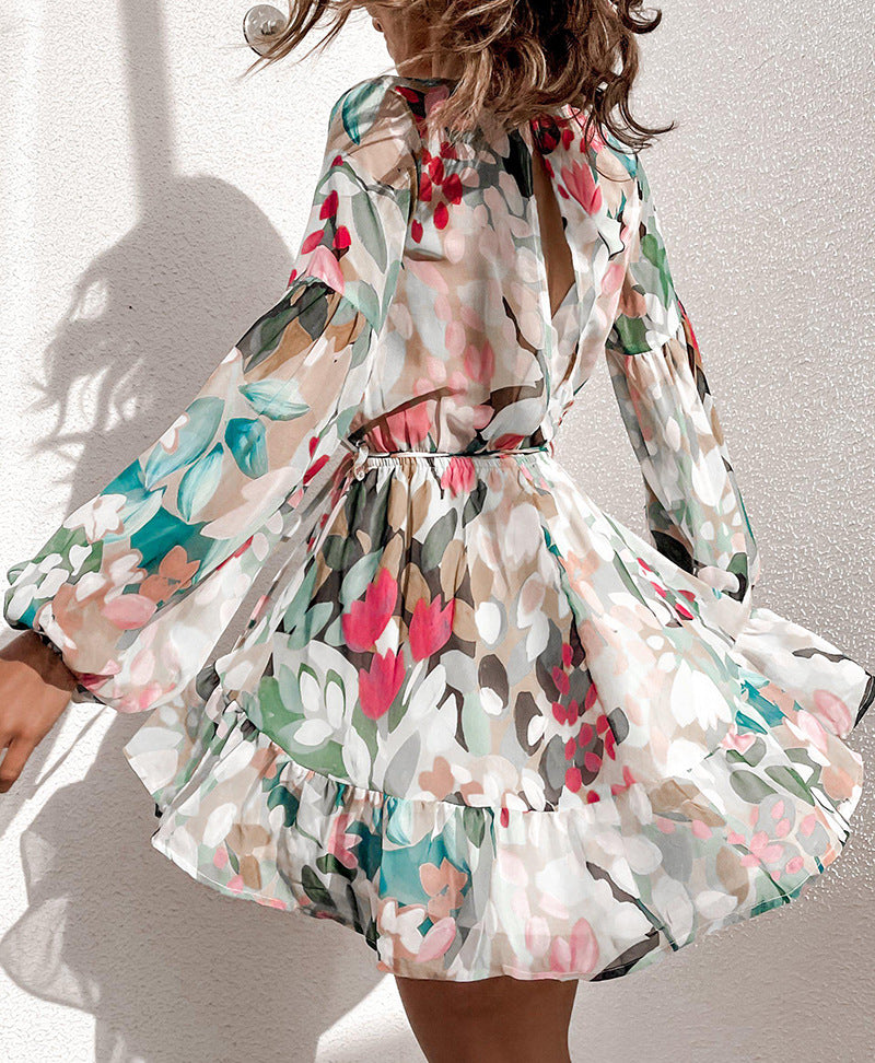 Long Sleeve V-neck Lantern Sleeves Printed Chiffon Dress