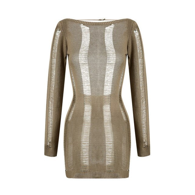 See-Through O-neck Long Sleeve Bodycon Dress