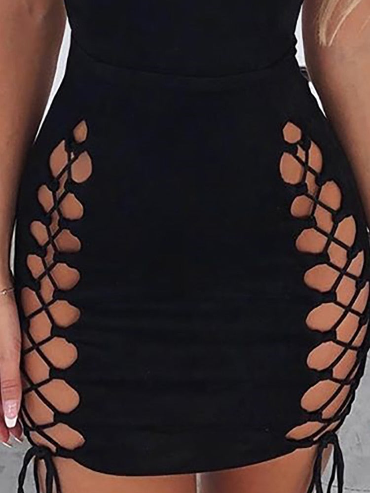 Trendy Solid Black Lace-Up Mini Club Dress